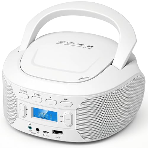 Leitor de CD Player Portátil, Alto-falantes Duplos, Tela Digital Iluminada, 3 Fontes de Alimentação, Com Bluetooth, Rádio FM, USB, EQ/REP e Memória de Interrupção, Ideal para Casa e Viagem (Equipamentos)