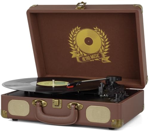 Toca-discos de vinil Bluetooth Toca-discos de 3 velocidades, portátil, vintage, toca-discos com alto-falantes embutidos, saída de linha RCA AUX no conector de fone de ouvido, marrom (Equipamentos)