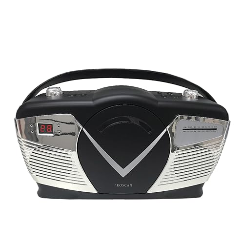 Sylvania Caixa de CD portátil estilo retrô com rádio AM/FM - CD de carregamento superior - entrada auxiliar - compatível com CA e bateria - tela LCD - alça de transporte (Equipamentos)