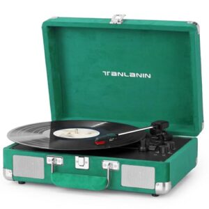TANLANIN Leitor de discos de vinil verde de veludo com alto-falantes embutidos, entrada Bluetooth, controle de graves e agudos, toca-discos com acionamento por correia de 3 velocidades com parada (Equipamentos)