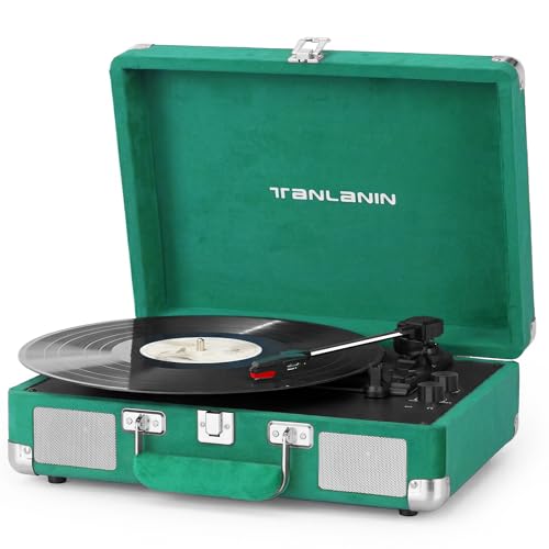 TANLANIN Leitor de discos de vinil verde de veludo com alto-falantes embutidos, entrada Bluetooth, controle de graves e agudos, toca-discos com acionamento por correia de 3 velocidades com parada (Equipamentos)