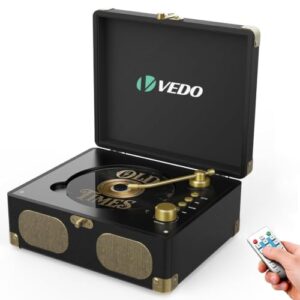 VEDO Toca-Discos Retro Bluetooth 5.4, com Alto-Falantes, Leitor de CD de Mesa/Maleta, Conversor AUX, LP/MP3 via USB - Madeira Elegante Preta, Escolha dos Amantes da Música, Preto (Equipamentos)