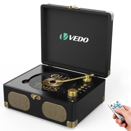 VEDO Toca-Discos Retro Bluetooth 5.4, com Alto-Falantes, Leitor de CD de Mesa/Maleta, Conversor AUX, LP/MP3 via USB - Madeira Elegante Preta, Escolha dos Amantes da Música, Preto (Equipamentos)