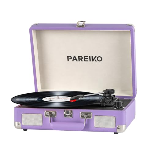 Toca-discos Pareiko, mesa giratória portátil de 3 velocidades com bateria Bluetooth integrada, entrada auxiliar, saída de linha RCA (Equipamentos)