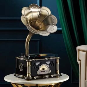 HZLSBL Gramofone vintage com saída Bluetooth, toca-discos retrô para discos de vinil de 7, 9 e 12 polegadas, 3 velocidades, alta fidelidade, feito à mão por Pure Oak (preto) (Equipamentos)