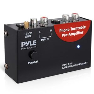 Pyle Pré-amplificador de toca-discos Phono – Mini pré-amplificador fonógrafo estéreo de áudio com entradas e saídas RCA, operação de baixo ruído, alimentado por adaptador CC de 12 V, compatível com (Equipamentos)