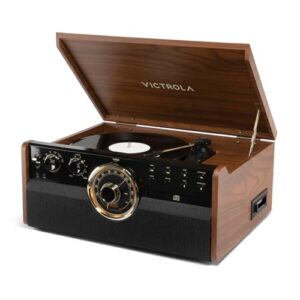 Victrola Toca-discos e centro multimídia Empire Mid-Century 6 em 1 com alto-falantes integrados – 3 velocidades, conectividade Bluetooth, rádio, cassete e leitor de CD, saída RCA, conector de fone de (Equipamentos)