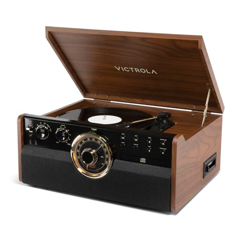 Victrola Toca-discos e centro multimídia Empire Mid-Century 6 em 1 com alto-falantes integrados – 3 velocidades, conectividade Bluetooth, rádio, cassete e leitor de CD, saída RCA, conector de fone de (Equipamentos)