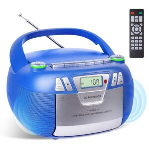 Leitor de CD Boombox com Bluetooth e leitor de cassete | Rádio AM/FM, entrada MP3/USB/AUX, sistema de som estéreo com gravador, AC e alimentado por bateria para casa e exterior (Equipamentos)