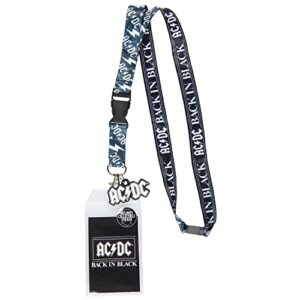 Suporte reversível para crachá de identificação AC/DC traseiro em preto com pingente de logotipo de borracha e adesivo colecionável (Discos de Vinil)