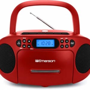 Emerson Boombox portátil de CD Player com conjunto de leitor de cassete, gravador, rádio AM/FM, AUX, conector de fone de ouvido, alto-falantes duplos, AC/DC e operado por bateria – Sistema estéreo (CDs)