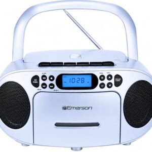 Emerson Boombox portátil de CD Player com conjunto de leitor de cassete, gravador, rádio AM/FM, AUX, conector de fone de ouvido, alto-falantes duplos, AC/DC e operado por bateria – Sistema estéreo (CDs)