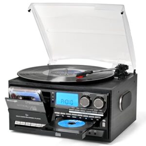 Toca-discos de vinil embutidos, toca-discos vintage 10 em 1 com fita cassete de CD, função de rádio AM FM, 3 velocidades, entrada e saída, leitor de LP com suporte para reprodutor USB SD AUX RCA (Equipamentos)