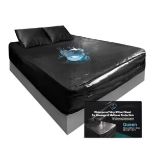 Lençol de vinil impermeável – Queen 152,4 cm x 203,2 cm | Protetor de colchão de vinil premium de 0,3 mm | Base antiderrapante com fundo flocado | Preto | Bolso profundo de 40 cm | Bolsos laterais e (Discos de Vinil)