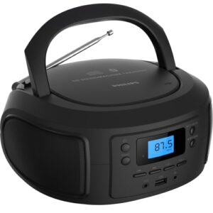 Philips CD Player portátil com Bluetooth, som cristalino com carregamento superior Boombox com rádio FM, porta USB e entrada auxiliar, design compacto e leve, compatível com CD-R/CD-RW/MP3 (preto) (Equipamentos)