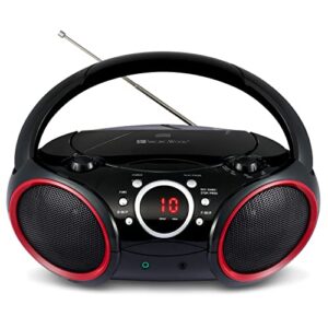 SINGING WOOD SBX030C CD Player Boombox portátil com rádio estéreo AM/FM, entrada auxiliar, conector de fone de ouvido, leitor de disco de carregamento superior, alimentado por CA ou bateria, cabo (Equipamentos)