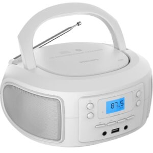 Philips CD Player portátil com Bluetooth, som cristalino com carregamento superior Boombox com rádio FM, porta USB e entrada auxiliar, design compacto e leve, compatível com CD-R/CD-RW/MP3 (branco) (Equipamentos)