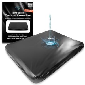 Lençol de cama queen de vinil preto impermeável com bolso lateral | Protetor de colchão, capa de cama para massagem Nuru – à base de óleo, água, silicone seguro | 152 x 203 cm + bolso profundo de 40 (Discos de Vinil)