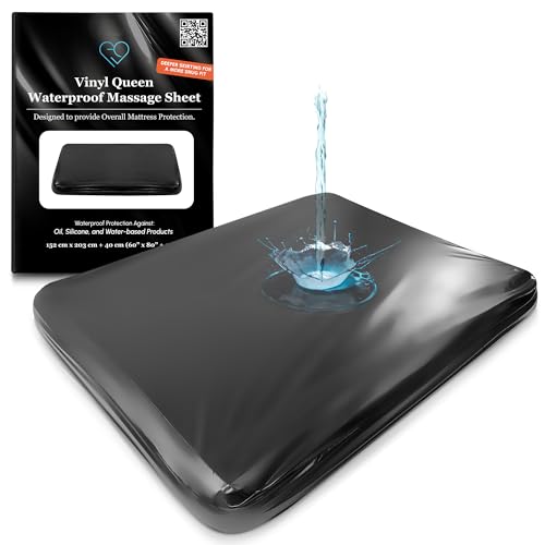 Lençol de cama queen de vinil preto impermeável com bolso lateral | Protetor de colchão, capa de cama para massagem Nuru – à base de óleo, água, silicone seguro | 152 x 203 cm + bolso profundo de 40 (Discos de Vinil)