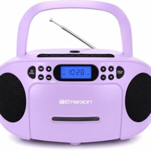 Emerson Boombox portátil de CD Player com conjunto de leitor de cassete, gravador, rádio AM/FM, AUX, conector de fone de ouvido, alto-falantes duplos, AC/DC e operado por bateria – Sistema estéreo (CDs)