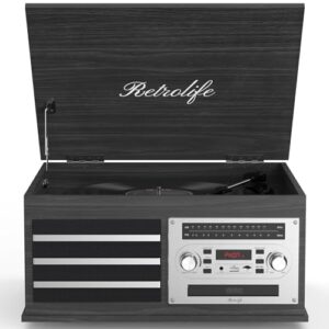 Retrolife® Toca-discos de vinil 10 em 1 toca-discos de música com alto-falantes integrados 3 velocidades BT sem fio entrada/saída rádio AM/FM CD fita cassette player AUX RCA parada automática gravação (Equipamentos)