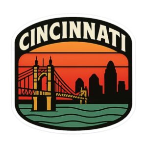 Adesivo de horizonte de Cincinnati - Decalque de vinil com design de ponte retrô para laptops, garrafas de água e carros (7,6 cm x 7 cm) (Discos de Vinil)