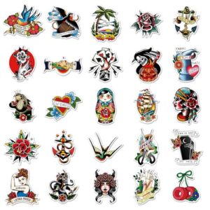 50 adesivos de tatuagem tradicionais da velha escola, retratos vintage de pantera rosa andorinha, decalques à prova d'água para garrafa de água, laptop, bagagem, skate e decoração de artesanato DIY (Discos de Vinil)