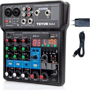 Na4 Mixer de Áudio Profissional 4 Canais, Bluetooth, USB, Phantom Power 48V, Placa de Som Digital, Ideal para DJ, Podcast, Transmissões ao Vivo, Gravação e Música em Casa (Equipamentos)