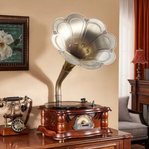 Toca-discos de gramofone vintage de madeira, toca-discos fonógrafos retrô, toca-discos de áudio, toca-discos de vinil, leitor de gramofone decorativo com reprodução USB e controle remoto para casa (Equipamentos)