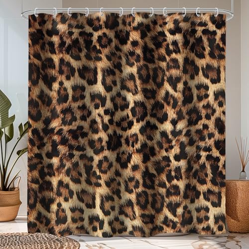 LIGHTINHOME Cortina de chuveiro com estampa de leopardo 183 cm L x 183 cm A padrão de pele de safári selvagem gato pantera pele preta marrom vida selvagem banheiro decoração de casa 12 ganchos de plástico (Discos de Vinil)