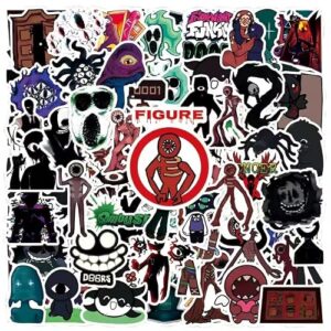 Adesivos de jogo Doors, 100 peças adesivos de monstro assustador de jogo de terror, adesivos de vinil à prova d'água com emboscada Rush Seek figura, decalques legais para laptop, garrafa de água (Discos de Vinil)