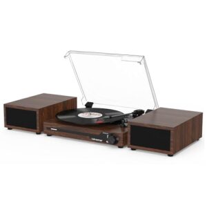 Toca-discos de vinil com alto-falantes externos BT 5.3 toca-discos sem fio portátil com USB de 3 velocidades vintage café de madeira (Equipamentos)