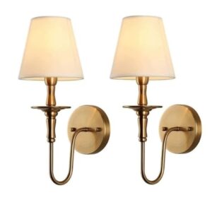 KEFA Arandelas de parede com fio, conjunto de 2 lâmpadas de parede vintage douradas de latão antigo com haste curvada e sombra de tecido branco, luminária E27/ E26 para corredor, lareira, sala de (Equipamentos)