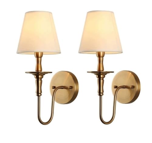 KEFA Arandelas de parede com fio, conjunto de 2 lâmpadas de parede vintage douradas de latão antigo com haste curvada e sombra de tecido branco, luminária E27/ E26 para corredor, lareira, sala de (Equipamentos)
