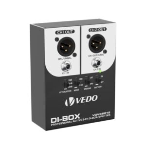 VEDO Caixa DI Ativa 2 Canais, Splitter de Áudio com Atenuador e Eliminador de Ruído, para Guitarra, Baixo, Estúdio e Som ao Vivo (Equipamentos)