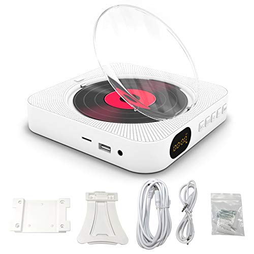 Kiboule KC-909 Leitor de CD portátil Leitores de CD estéreo com alto-falante embutido com conector duplo de 3,5 mm para fones de ouvido Tela LED montável na parede Leitor de música CD com controle remoto IR Suporta CD/BT/FM/TF Card/AUX (Equipamentos)