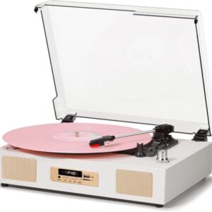 Toca-discos de vinil Bluetooth com alto-falantes estéreo embutidos, correia de gravação USB, 3 velocidades, suporte para saída RCA, parada automática, exibição digital, branco e dourado champanhe (Equipamentos)