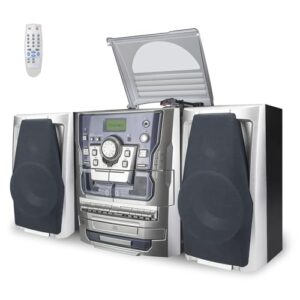 HONGUT Leitor de discos estéreo de vinil Bluetooth, toca-discos estéreo de 3 velocidades, sistema de música com deck de cassete duplo, despertador digital, rádio FM, fita de CD codificada com controle (Equipamentos)