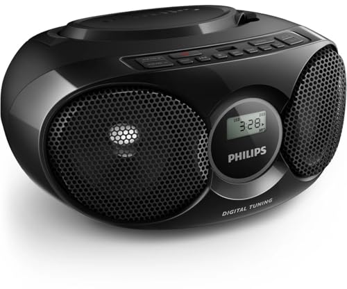 Philips Boombox portátil para CD Player, alto-falantes estéreo dinâmicos com reforço de graves, rádio FM leve com visor LCD, reprodução USB, entrada auxiliar, leitor de CD Boombox portátil para casa (Equipamentos)