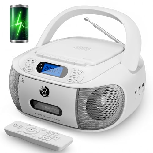 Combo CD Cassette Player, Boombox recarregável Hernpark com Bluetooth 5.1, leitor de CD com controle remoto, gravação em fita, rádio FM, super graves, som estéreo, unidade auxiliar/USB, conector de (Equipamentos)