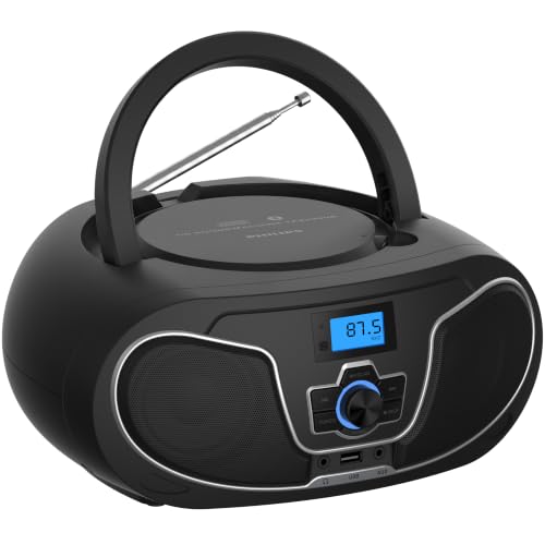 Philips Boombox para leitor de CD, aumento dinâmico de graves com Bluetooth, rádio FM, reprodução USB e entrada AUX, Boombox de CD portátil com carregamento superior, alto-falantes duplos de som (Equipamentos)