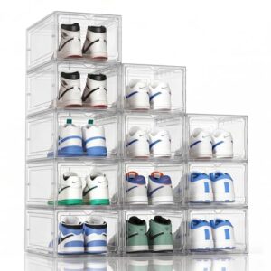 KEFA Organizador de caixa de armazenamento de sapatos XL, pacote com 12 caixas de sapatos empilháveis de plástico transparente, estojo para exibição de tênis, adequado para EUA 12 (Equipamentos)