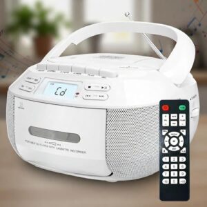 Combo leitor de CD Player, gravador de fita cassete AM/FM portátil com USB/AUX, reprodução de som estéreo, controle remoto, leitor de música pessoal para desfrutar de música e reuniões, branco (Equipamentos)