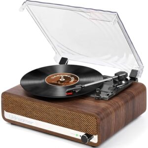 Toca-discos de vinil com alto-falantes, toca-discos de 3 velocidades com Bluetooth, auxiliar, conector de fone de ouvido, saída RCA e parada automática, nogueira de madeira vintage espelhada (Equipamentos)