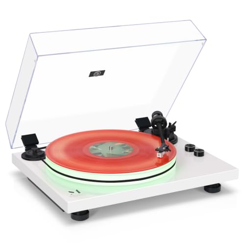 Toca-discos de vinil Bluetooth, iluminação LED, cartucho AT-3600L, acionamento por correia, pré-amplificador Phono integrado de saída (branco) (Equipamentos)