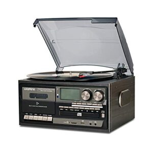 LoopTone Leitor de disco de vinil 9 em 1 3 velocidades Bluetooth vintage toca-discos CD cassete leitor de rádio AM/FM gravador USB aux-in RCA saída (edição preta) (Equipamentos)