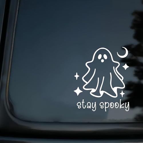 1 pç Decalque holográfico para janela de carro Stay Spooky Ghost Car, adesivo iridescente fofo fantasma lua estrela vinil à prova d'água Halloween Auto Laptop copo decorativo decalque gráfico (branco) (Discos de Vinil)