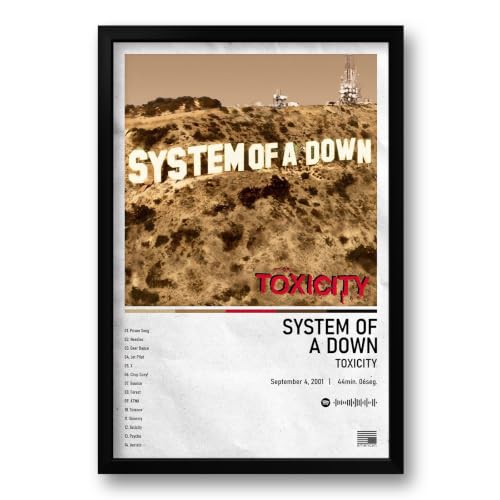 Quadro com Moldura Capa de Disco Álbum Toxicity Tracklist Rock Metal Heavy Poster Placa Decorativa Parede Sala Quarto Tam. 40x60cm (Discos de Vinil)