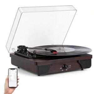 VEDO Toca-Discos Retro, Bluetooth 5.2, Design transparente, 3 Velocidades (33/45/78 RPM), Alto-falante Integrado, Entrada AUX/RCA, Retrô Design em Madeira Marrom (Equipamentos)