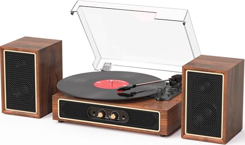 TANLANIN Toca-discos de vinil com alto-falantes externos, toca-discos de entrada Bluetooth de 3 velocidades, gravação de PC, alto-falantes estéreo, saída RCA, entrada auxiliar, parada automática (Equipamentos)